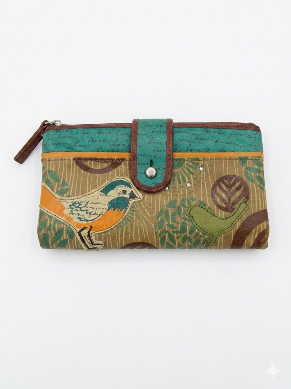 Fossil Vintage "Peace & Hope" Bird Collage Leather Wallet